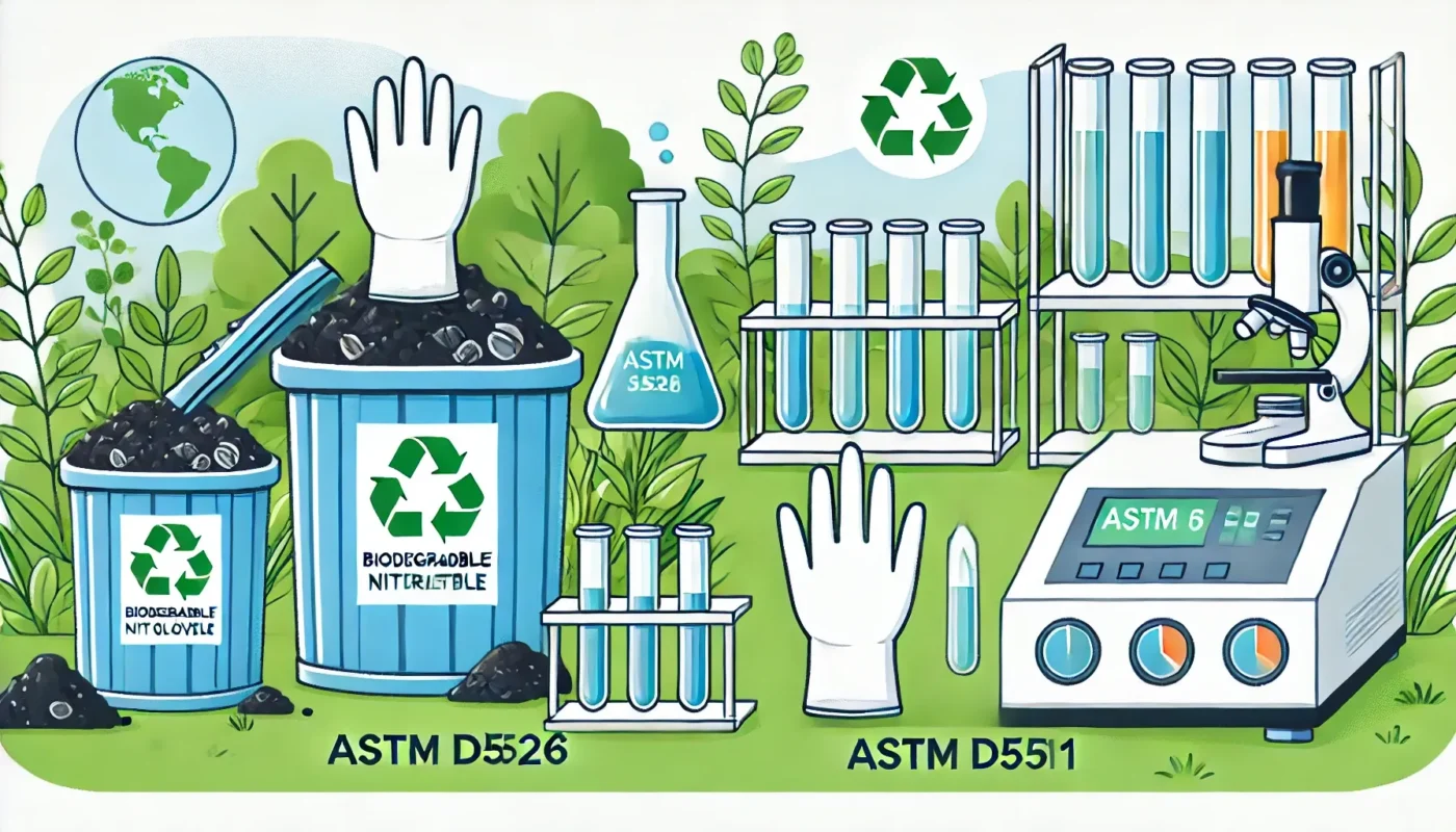 Illustration of biodegradable materials and laboratory testing equipment.