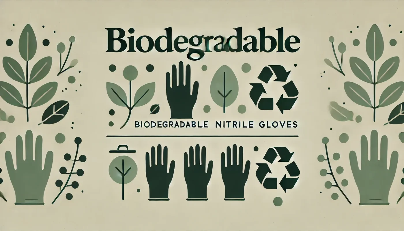 Illustration of biodegradable nitrile gloves and greenery