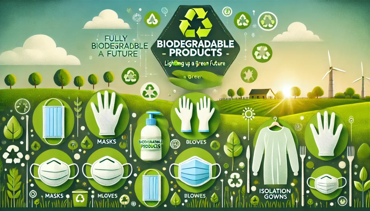 Illustration of biodegradable products in a sustainable landscape.