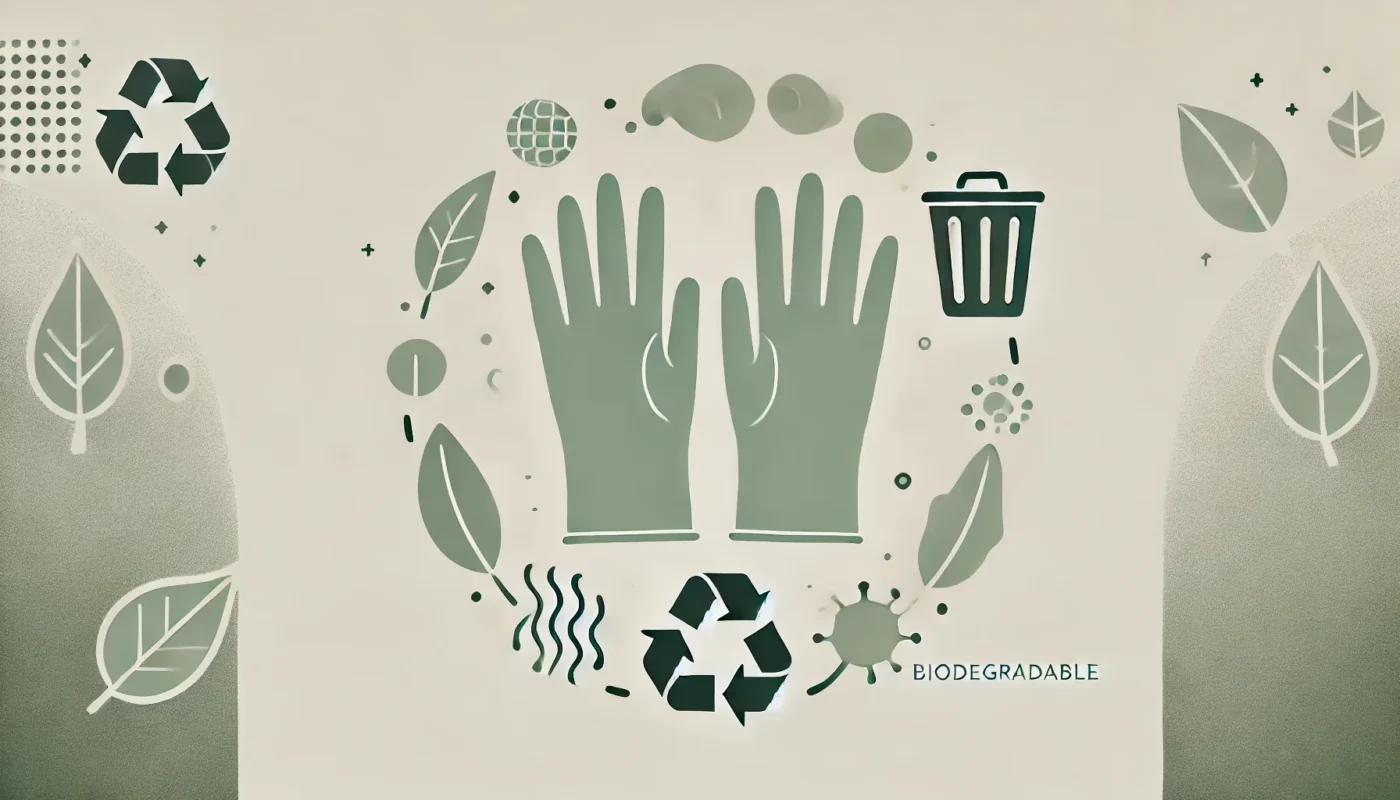 Illustration of sustainable, biodegradable materials and recycling symbols