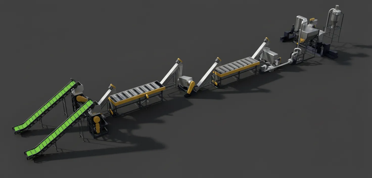 Linha de Lavagem e Pelletização de Plástico em um ambiente de fábrica